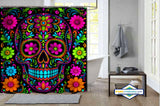 Rideau de Douche Calavera Floral Néon Día de los Muertos — vue carrée