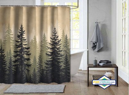 Rideau de douche sapins vintage forêt brumeuse beige et noir