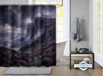 Rideau de douche falaises écossaises brumeuses tons sombres violets