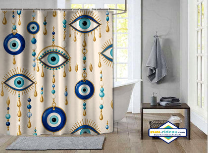 Rideau de Douche Œil de Nazar Amulettes & Perles Dorées