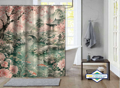 Rideau de douche jardin japonais sakura carpes koï pont pagode