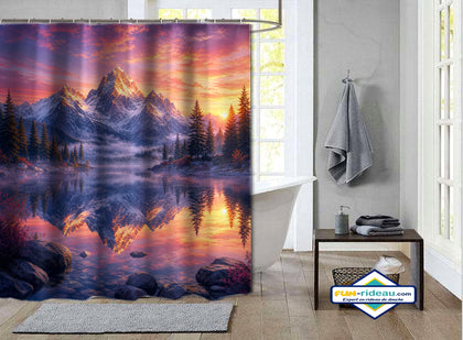 Rideau de Douche Montagne Lac Miroir & Coucher de Soleil