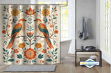 Rideau de Douche Oiseaux Folk Fleurs & Branches Dorées — vue carrée