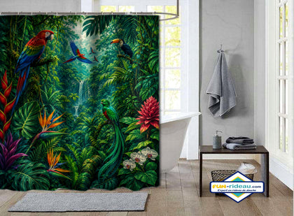 Rideau de douche forêt tropicale perroquets toucan cascade et fleurs exotiques