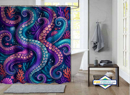 Rideau de douche pieuvre tentacules violets et turquoise coraux rouges