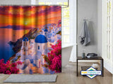 Rideau de Douche Santorin Coucher de Soleil & Dômes Bleus