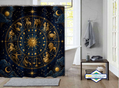 Rideau de Douche Zodiaque Céleste Soleil & Constellations Dorées