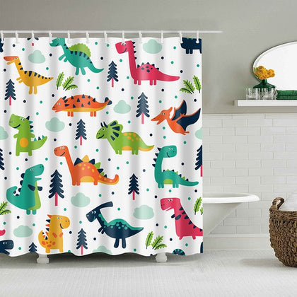 Rideau de douche petits dinosaures colorés fond blanc